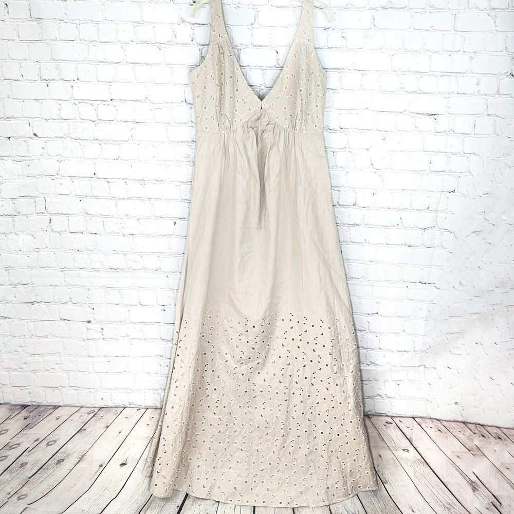 EUC-BYTIMO Lux Designer NordStorm Cutwork Eyelet Cotton Deep V Neck Maxi Dress S